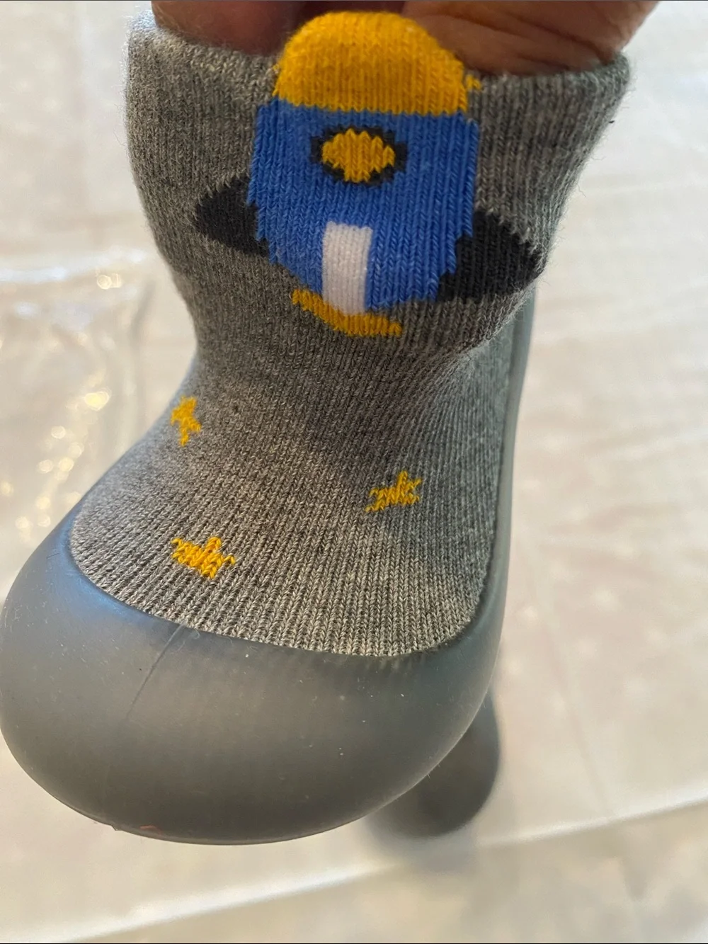 Gray Kids Socks-to-Shoe Booties with Yellow and Blue Rocket Design